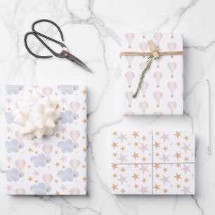 hot ari balloon, clouds, stars baby shower  wrapping paper sheets