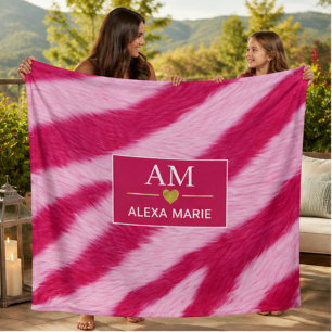 Hot Baby Pink Faux Fur Zebra Stripe Soft Glam Fleece Blanket