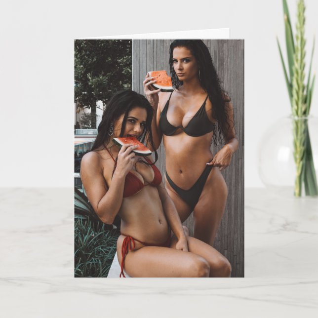 HOT BIKINI GIRLS BIRTHDAY WATERMELON GREETING CARD (Front)