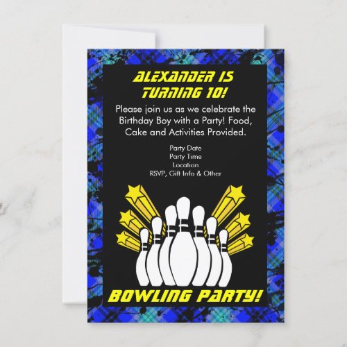 Hot Blue Boy Personalized Bowling Party Invitation