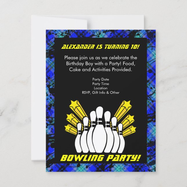 Hot Blue Boy Personalized Bowling Party Invitation (Front)