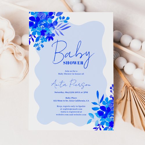 Hot blue wavy frame boho floral baby shower invitation