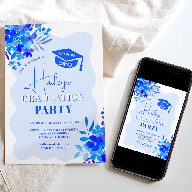 Hot blue wavy frame boho floral graduation invitation | Zazzle