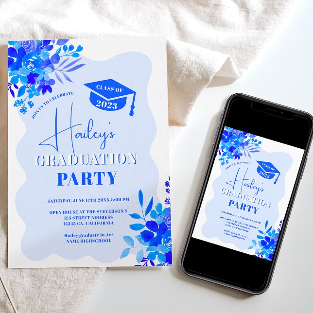 Hot blue wavy frame boho floral graduation invitation (Creator Uploaded)