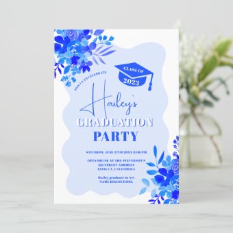Hot blue wavy frame boho floral graduation invitation | Zazzle