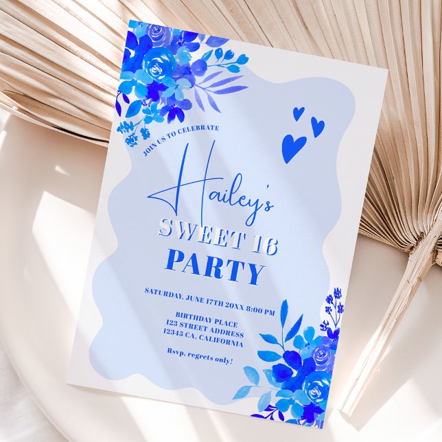 Hot blue wavy frame boho floral Sweet 16 Invitation (Creator Uploaded)