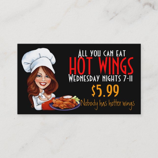 Hot Chef promoting Hot Wings. Marketing special Business Card (Front)