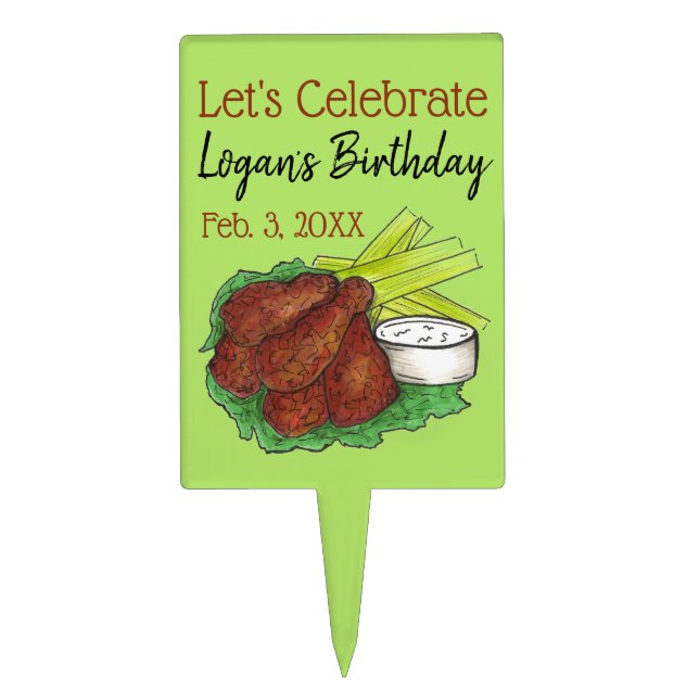 Hot Chicken Wings Let's Celebrate Birthday Party Cake Topper (Front)