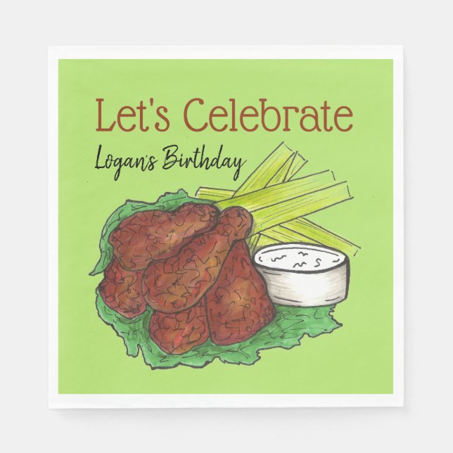 Hot Chicken Wings Let's Celebrate Birthday Party Napkins (Front)