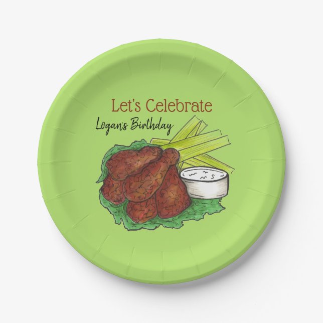 Hot Chicken Wings Let's Celebrate Birthday Party Paper Plates (Front)