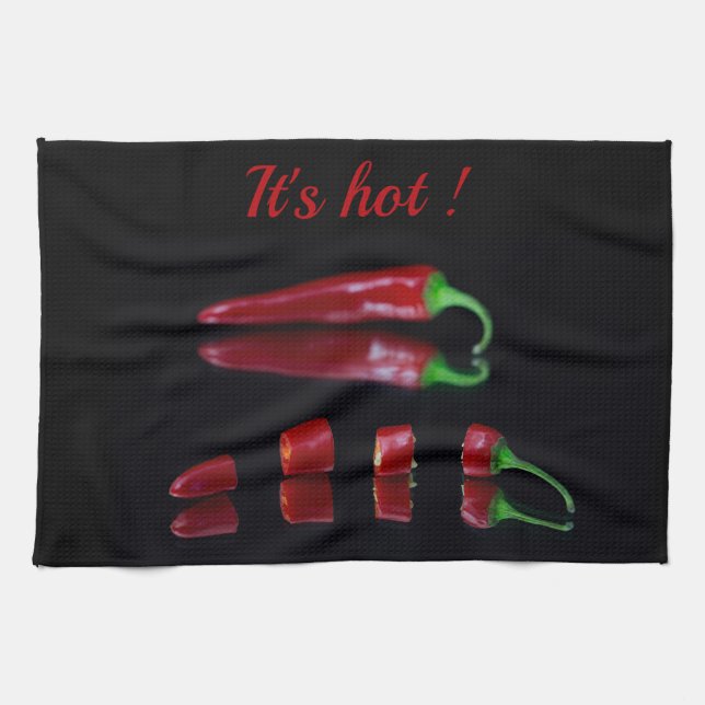 Hot chili pepper photo red and black with text kitchen towel (Horizontal)