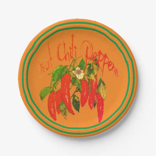 Hot Chili Peppers onTerra Cotta Green Border Paper Plates