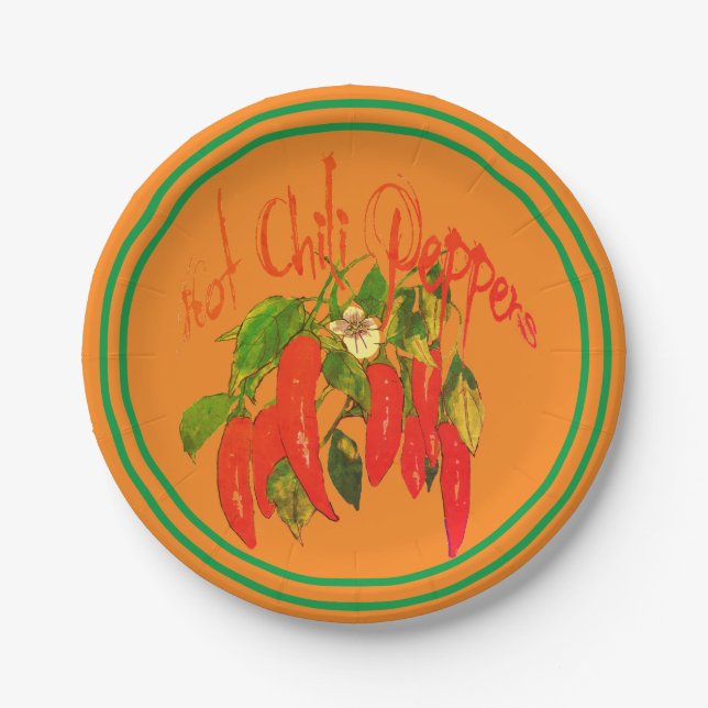 Hot Chili Peppers onTerra Cotta Green Border Paper Plates (Front)