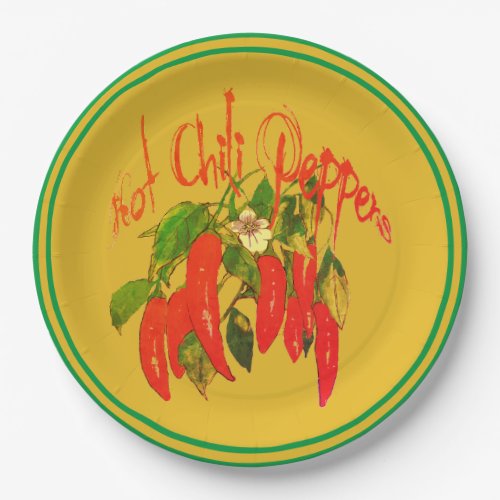 Hot Chili Red Peppers on Mustard Background Text Paper Plates