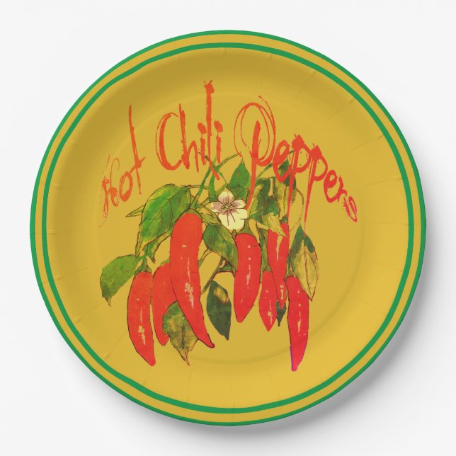 Hot Chili Red Peppers on Mustard Background Text Paper Plates (Front)
