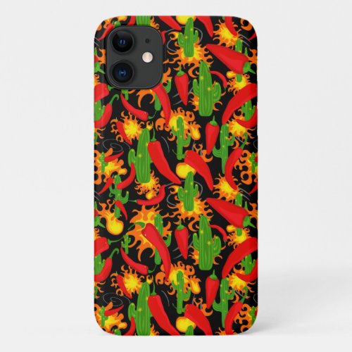 Hot Chilli Pepper Flames and Cactus Print iPhone 11 Case