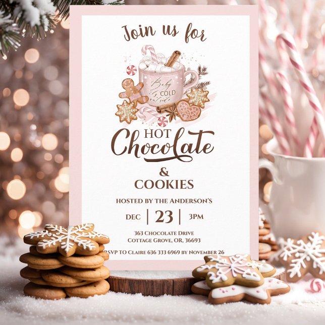 Hot Chocolate And Cookies Pink Modern Christmas Invitation (Hot Chocolate And Cookies Pink Modern Christmas Invitation)