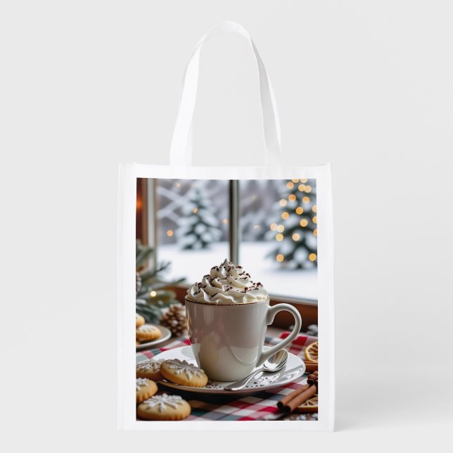 Hot Chocolate and Sugar Cookies Festive Christmas Grocery Bag (Front)