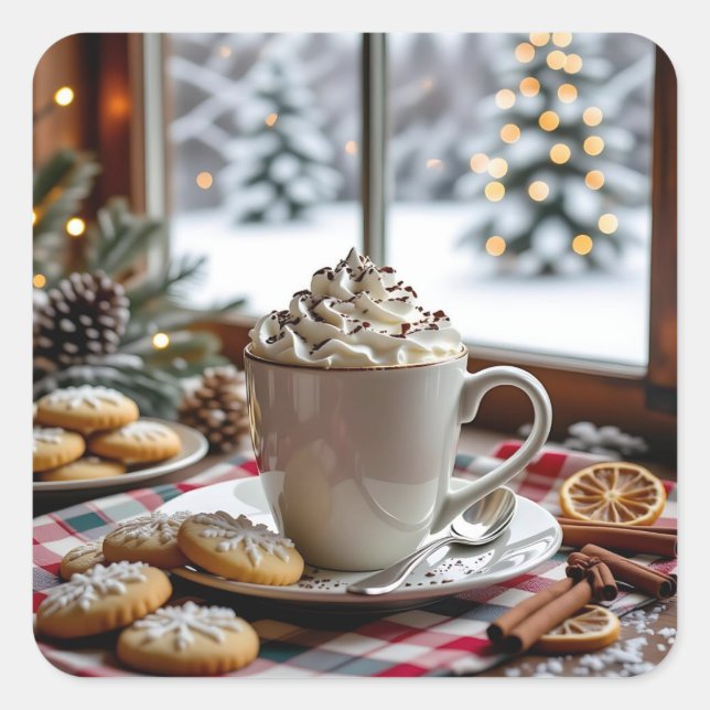 Hot Chocolate and Sugar Cookies Festive Christmas Square Sticker (Front)