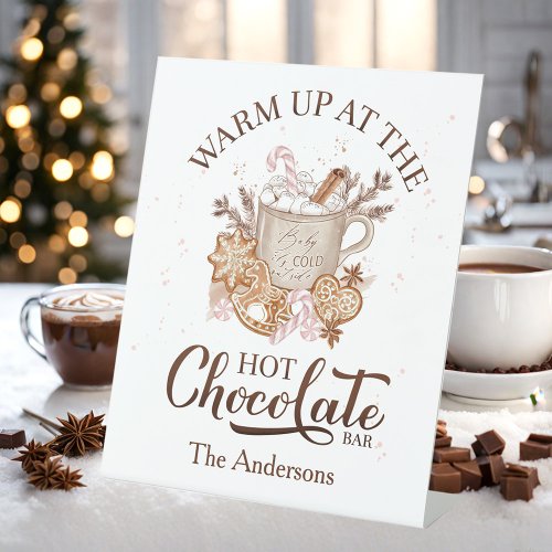 Hot Chocolate Bar Beige Pink Christmas Family Name Pedestal Sign