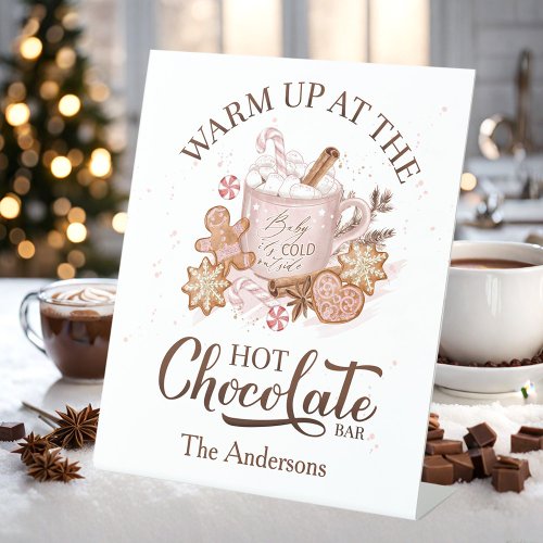 Hot Chocolate Bar Pink Christmas Family Name Pedestal Sign