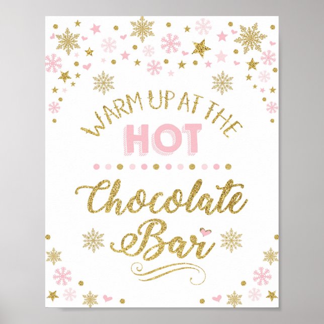Hot Chocolate Bar Winter Snowflake Pink Gold Party Poster (Front)