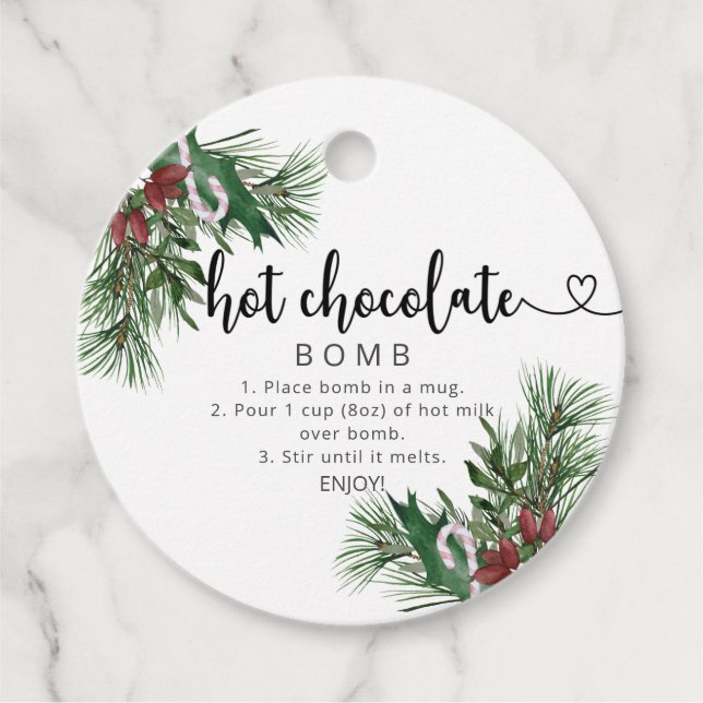 Hot chocolate bomb tag. Evergreen hot cocoa bomb F Favor Tags (Front)