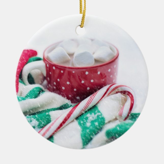 Hot Chocolate & Candy Cane Christmas Ceramic Ornament (Front)