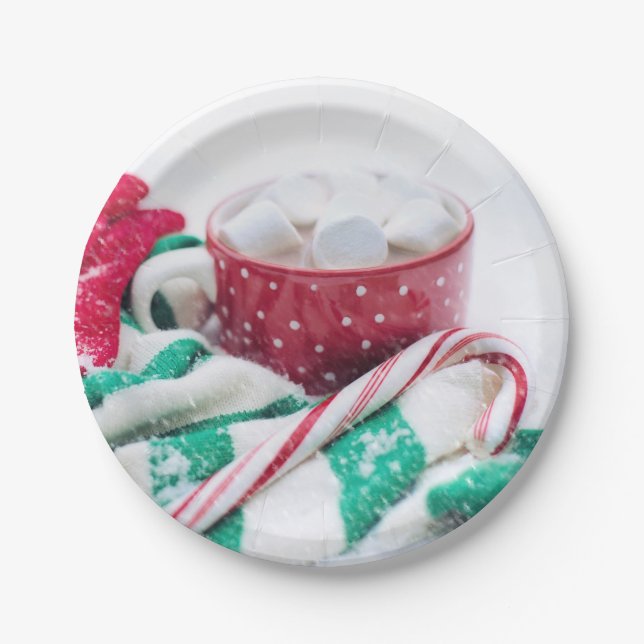 Hot Chocolate & Candy Cane Christmas Paper Plates (Front)