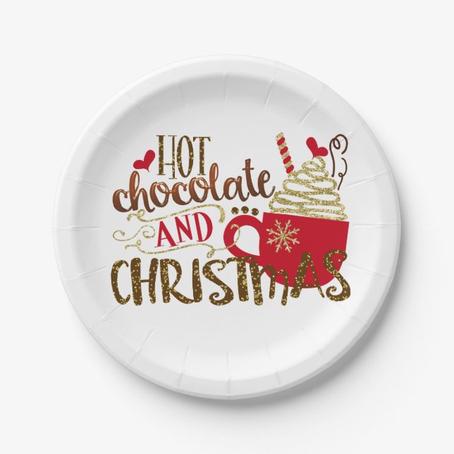 Hot Chocolate & Christmas Holiday Glitter Sparkle Paper Plates (Front)