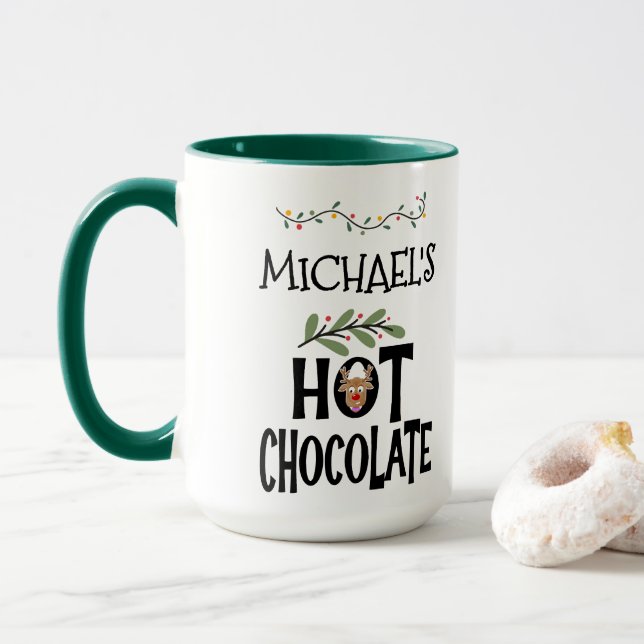 Hot Chocolate Christmas Reindeer & Custom Name Mug (With Donut)