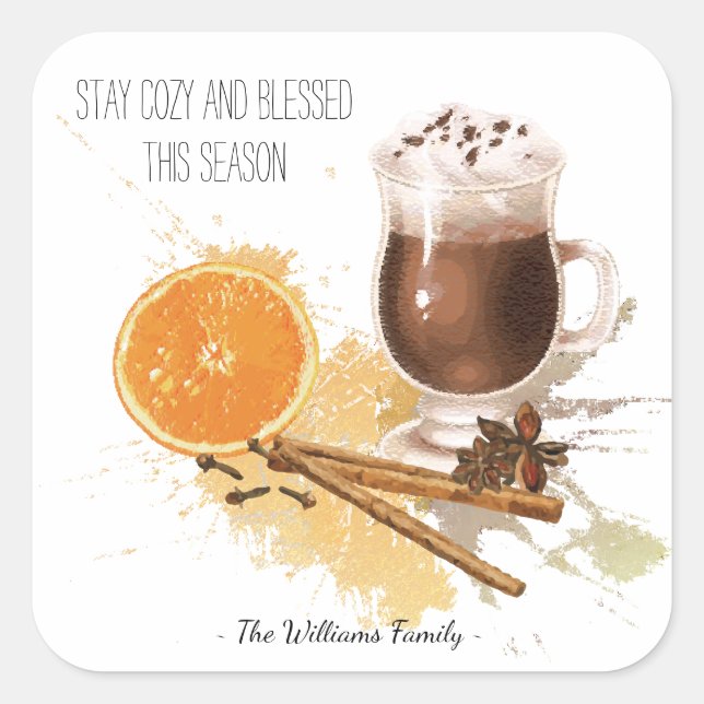 Hot Chocolate Cinnamon Orange Season Greetings Square Sticker (Front)