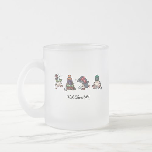 Hot Chocolate Editable Text Snowballing Penguins  Frosted Glass Coffee Mug