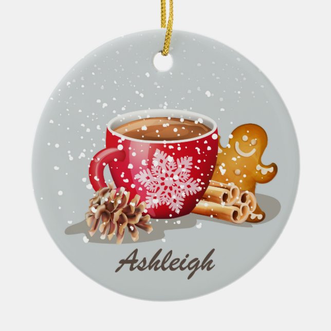 Hot Chocolate Gingerbread Christmas Personalized Ceramic Ornament (Front)