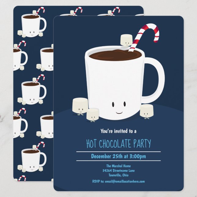 Hot Chocolate Hot Cocoa Blue White Xmas Party Invitation (Front/Back)