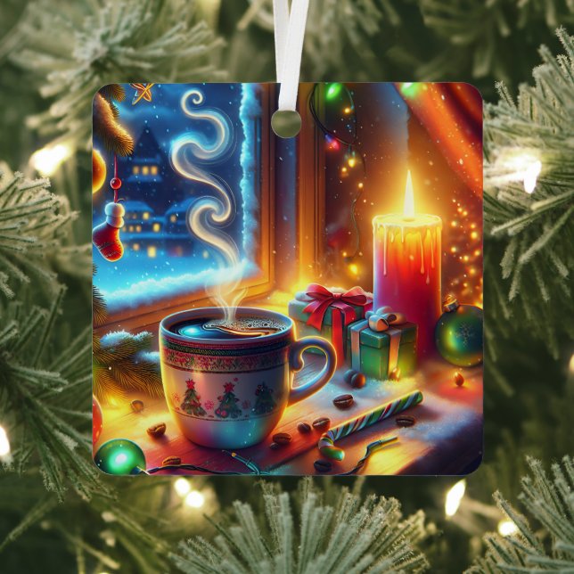 Hot Chocolate in a Christmas Window Personalized Metal Ornament (Insitu)
