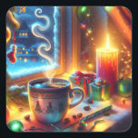 Hot Chocolate in a Christmas Window   Square Sticker<br><div class="desc">A pretty window Christmas scene with a steaming warm cup of hot chocolate,  a lit candles on a snowy night.</div>