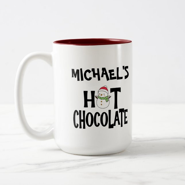 Hot Chocolate Snowman for Kids & custom Name Two-Tone Coffee Mug (Left)