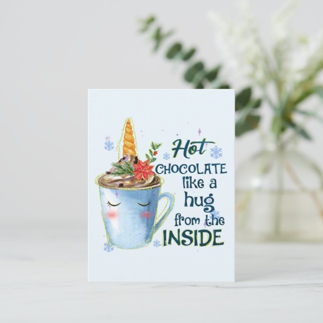 Hot Chocolate Unicorn | Cozy Unicorn Winter Postcard (Standing Front)