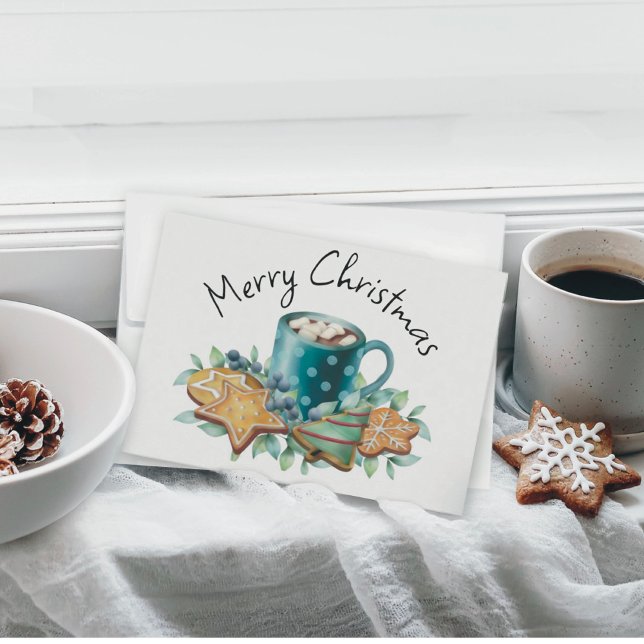 Hot Chocolate with Cookies and Greenery Flat Holiday Card (Creator Uploaded)