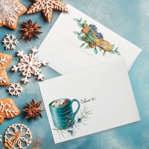 Hot Chocolate with Cookies and Greenery Watercolor Envelope