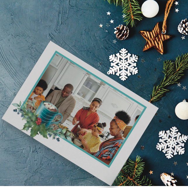 Hot Chocolate with Holly and Greenery Flat Photo Holiday Card (Creator Uploaded)