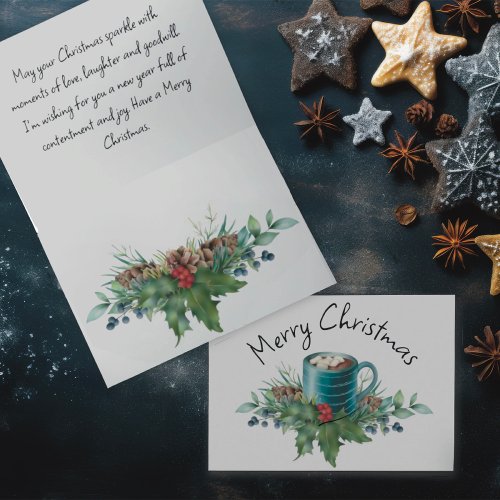 Hot Chocolate with Holly and Winter Greenery  Holiday Card