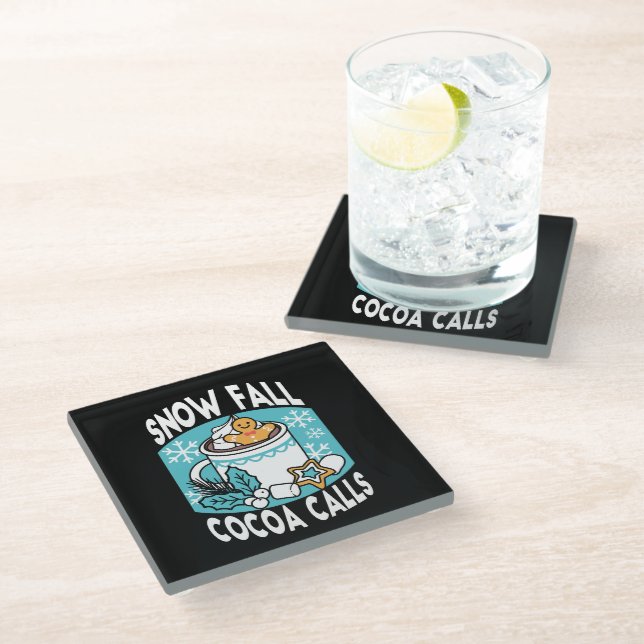 Hot Cocoa and Winter Charm - Snow Fall Cocoa Calls Glass Coaster (Angled)