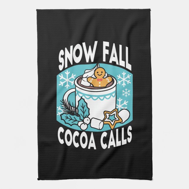 Hot Cocoa and Winter Charm - Snow Fall Cocoa Calls Kitchen Towel (Vertical)