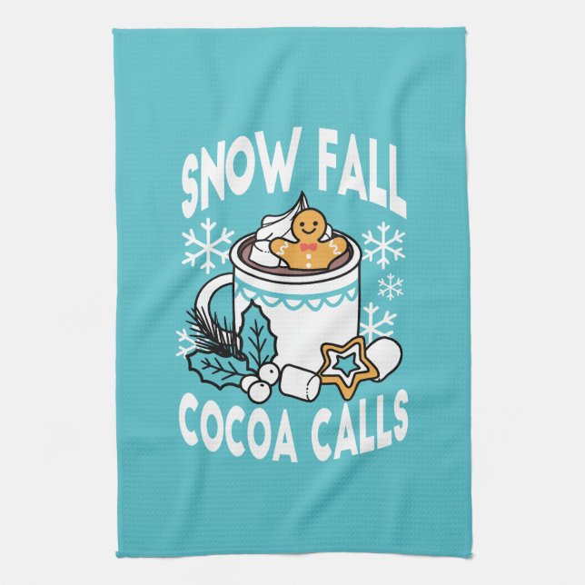 Hot Cocoa and Winter Charm - Snow Fall Cocoa Calls Kitchen Towel (Vertical)