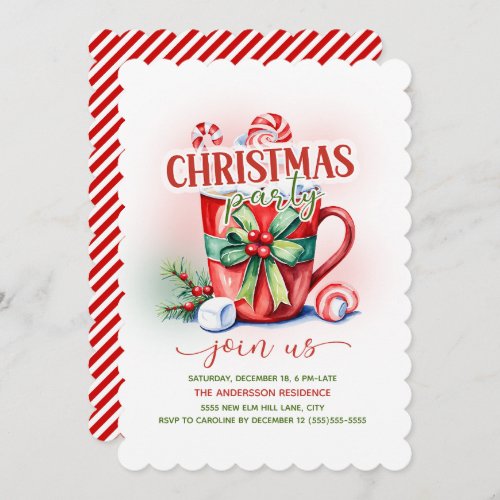 Hot Cocoa Candy Cane Christmas Party Invitation