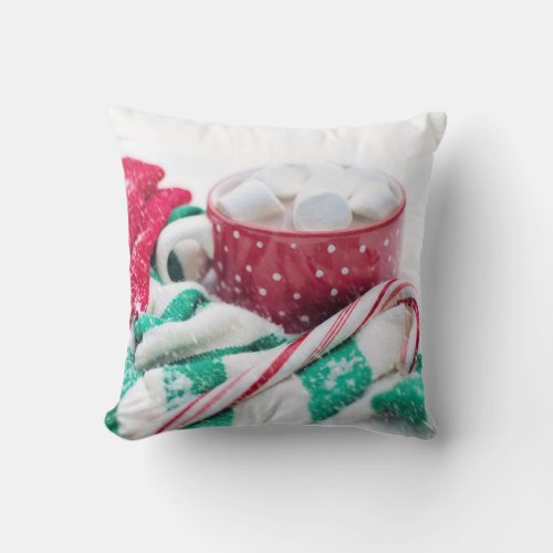 Hot Cocoa  Candy Cane  Scarf  Mitts Christmas Throw Pillow