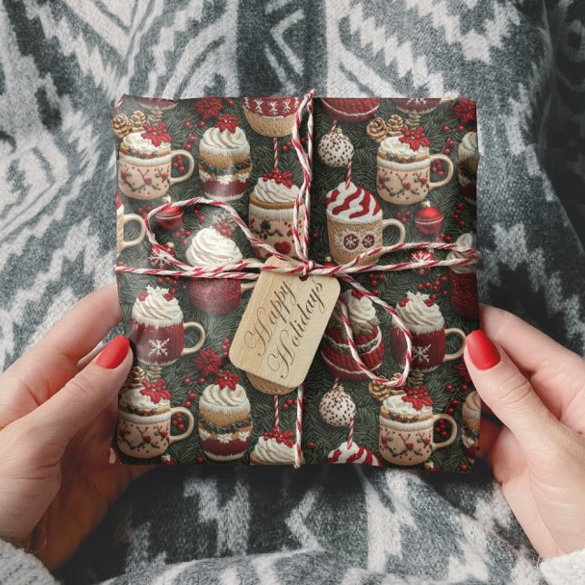 Hot Cocoa Christmas Tree Cups Knitted Pattern Wrapping Paper (Creator Uploaded)