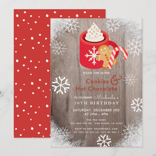 Hot Cocoa & Cookies Red Birthday Invitation (Front/Back)
